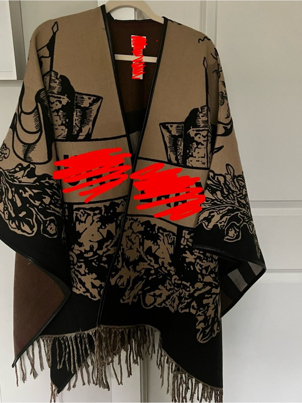 Fringed Beige and Black Graphic Poncho Cape